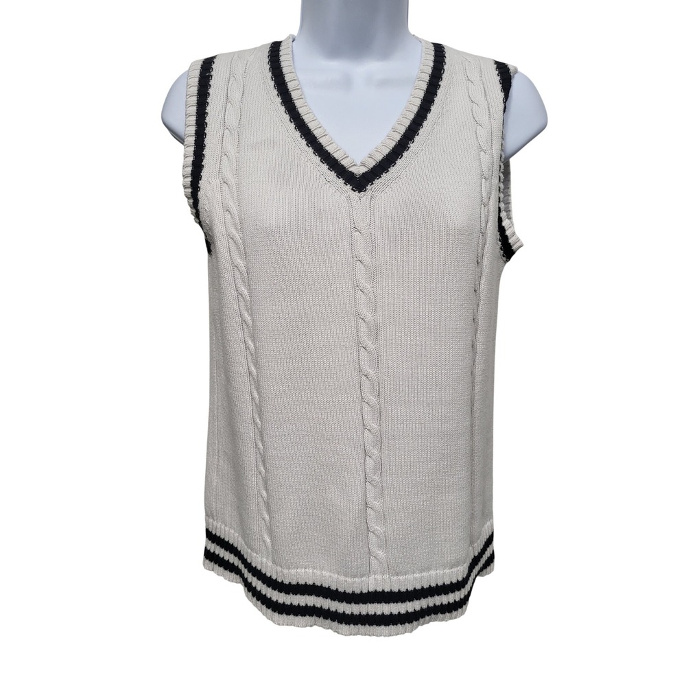 Campure Cream White Cable Knit V-Neck Sweater Vest Navy Blue Striped Trim Cotton